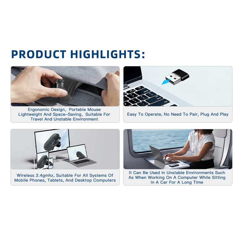 2.4 GHz Wireless Finger Ring Mouse, Rechargeable Mini USB Portable Mouse, Ergonomic Pocket-Sized Mouse for Office, Home, Laptops, Tablets, and Computers