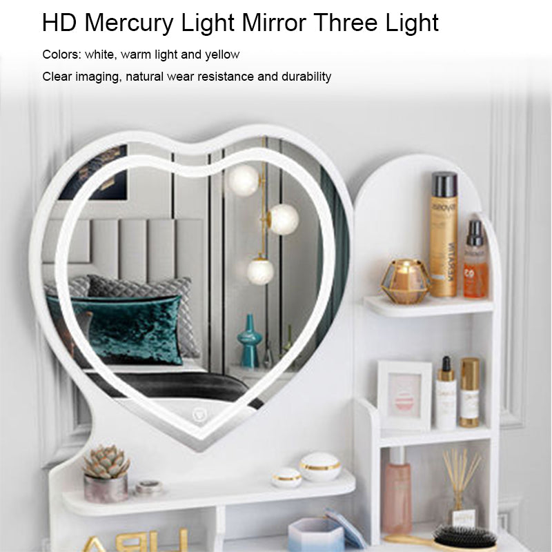 Heart-Shaped Mirror Makeup Vanity Table Set, Dressing Table with Cushioned Stool, 4 Drawers, and Storage Shelves