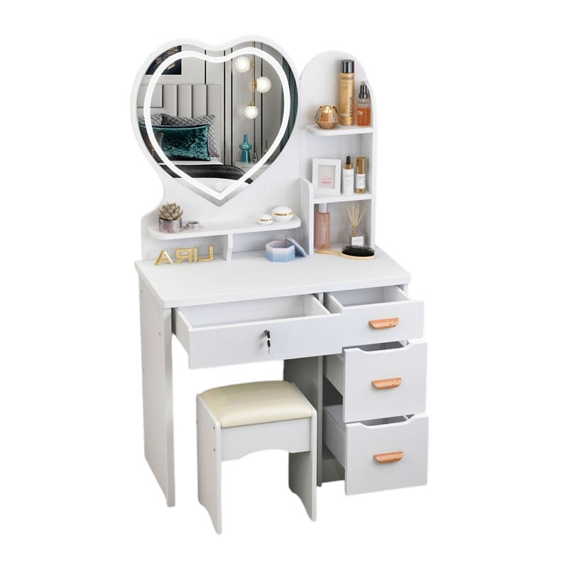 Heart-Shaped Mirror Makeup Vanity Table Set, Dressing Table with Cushioned Stool, 4 Drawers, and Storage Shelves