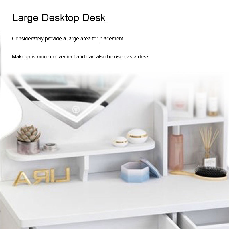 Heart-Shaped Mirror Makeup Vanity Table Set, Dressing Table with Cushioned Stool, 4 Drawers, and Storage Shelves