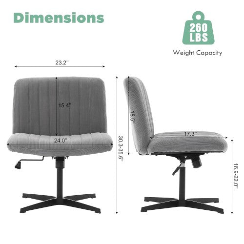 Criss Cross Office Chair, Wide Armless Adjustable Swivel Chair, Velvet Upholstery, Stationary Base, No Wheels, Ideal for Home or Office (Grey)