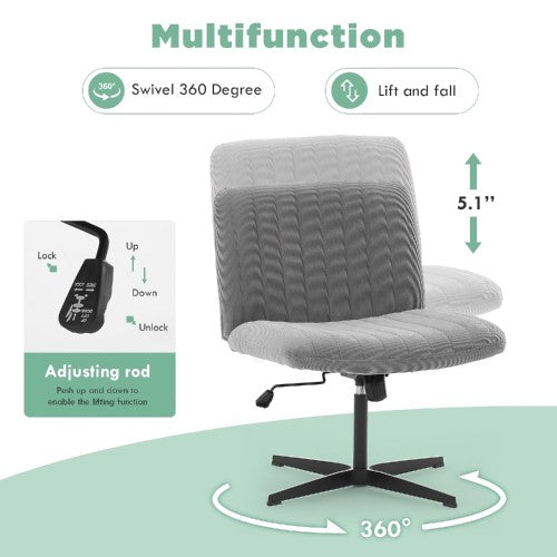 Criss Cross Office Chair, Wide Armless Adjustable Swivel Chair, Velvet Upholstery, Stationary Base, No Wheels, Ideal for Home or Office (Grey)