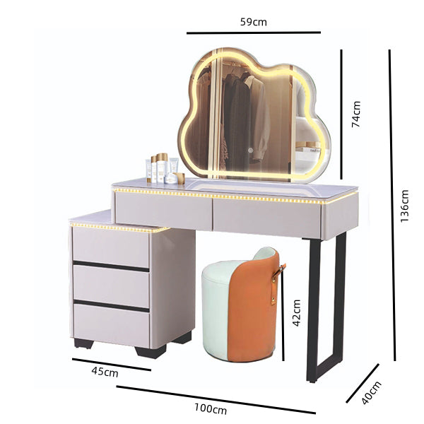 Modern Luxury Makeup Dresser with Cloud shape Mirror, 3 Drawer Glass Top Vanity Dresser and Stool with with 3 Color Tone Led Light for Bedroom or Living Room (Light Grey)
