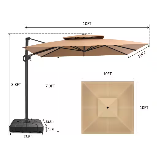 10 ft. Square Dual-Top Aluminum 360° Rotation Offset Outdoor Cantilever Patio Umbrella in Tan with Fillable Base Weights