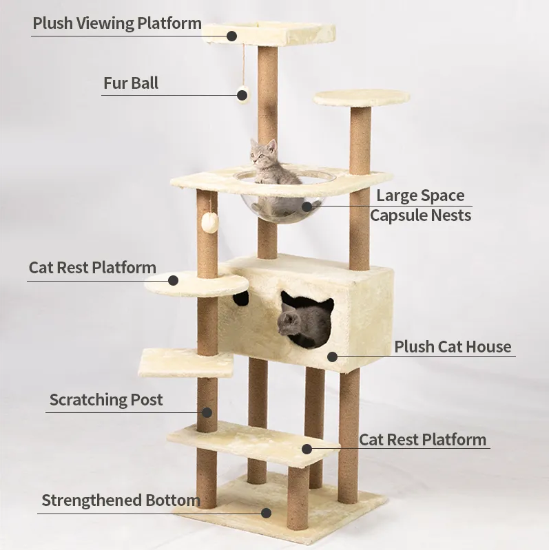 Multi-Level Cat Tree with Scratching Posts, Spacious Hammock, 2 Condos, and 2 Top Perches,Cat Climbing Frame (153 cm Tall)