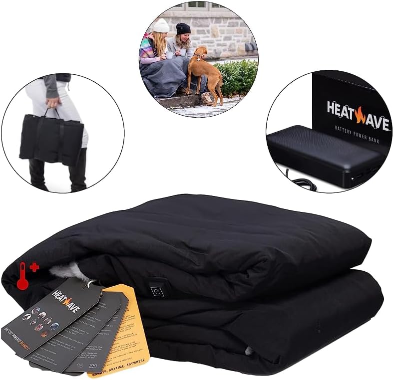 Black Battery Powered Heated Rechargeable Blanket by My Heat Wave - Portable Outdoor Cordless Blanket with USB Charging - 3 Heating Levels(Grey)