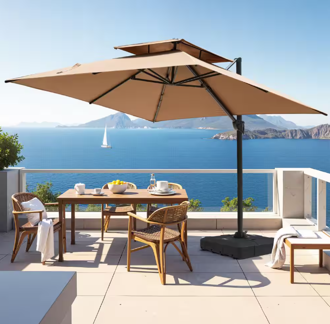 10 ft. Square Dual-Top Aluminum 360° Rotation Offset Outdoor Cantilever Patio Umbrella in Tan with Fillable Base Weights