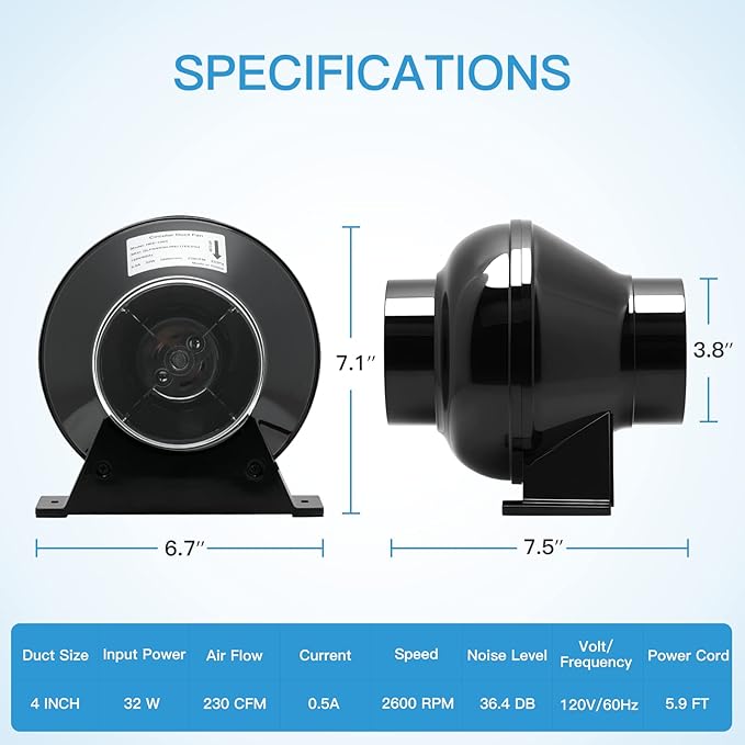 Vivosun 4 Inch 230 CFM Inline Duct Ventilation Fan Quiet Vent Blower for Hydroponics Grow Tent, Greenhouse Air Circulation, Upgrade