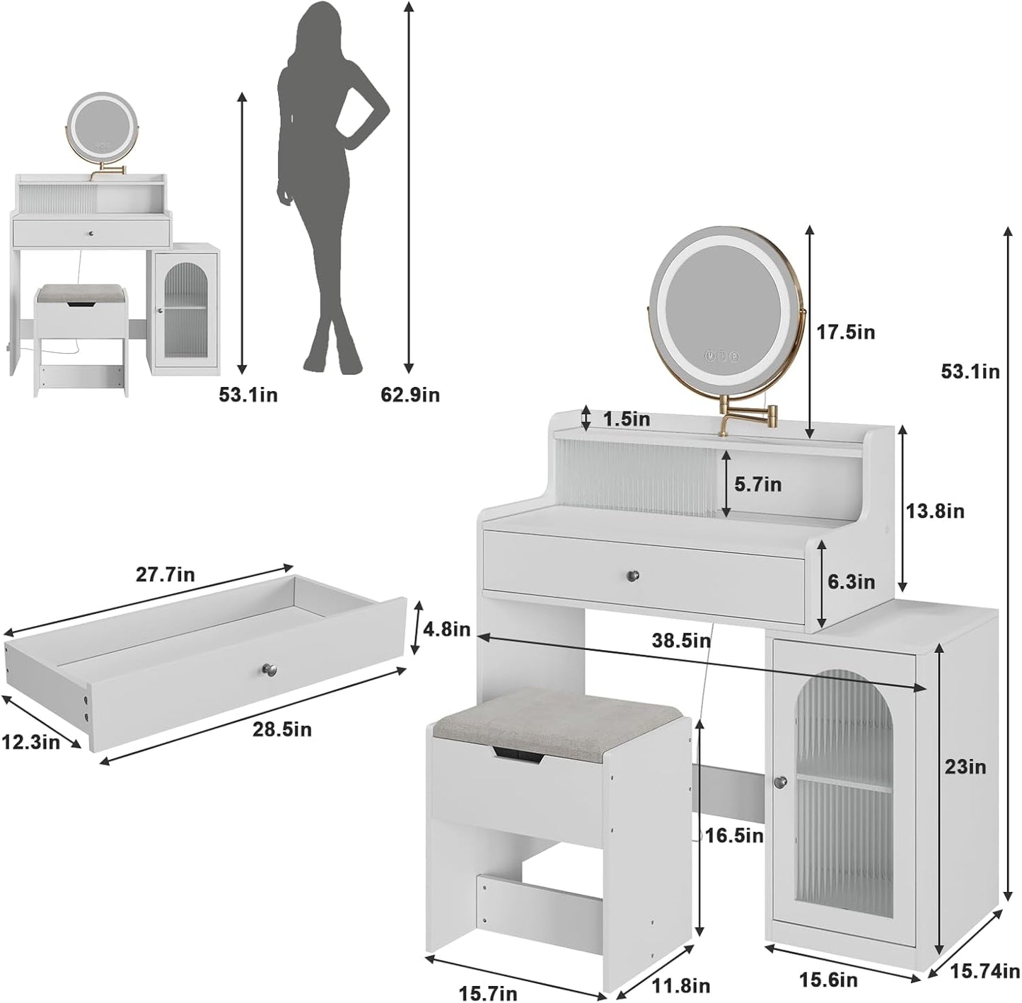 Modern White Makeup Table Desk with Stool and 360° Rotating LED Mirror with 3 LED Light Modes and Elegant Striped Glass Doors