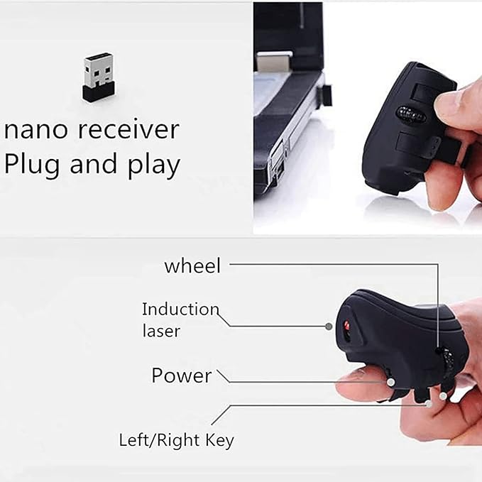 2.4 GHz Wireless Finger Ring Mouse, Rechargeable Mini USB Portable Mouse, Ergonomic Pocket-Sized Mouse for Office, Home, Laptops, Tablets, and Computers