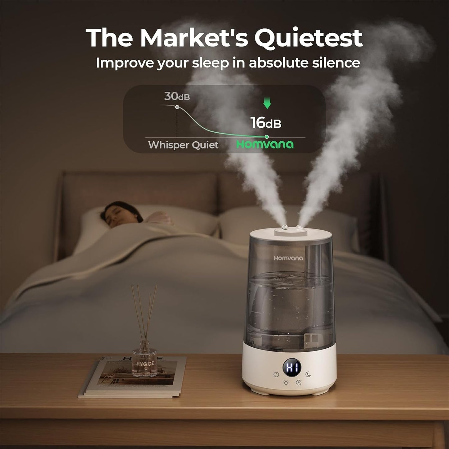 Homvana Humidifier for Bedroom, 3.6L Cool Mist for Large Room, 360° Rotatable 34H Last, Night Light Auto Mode, Quiet 23dB (Silent Spray) Humidifiers for Baby, Essential Oil Diffuser, Plants, Nursery