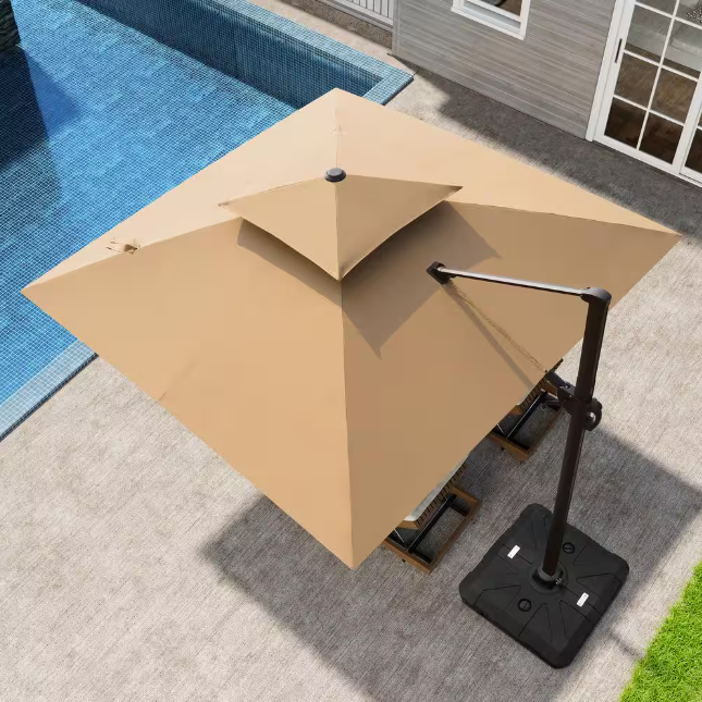 10 ft. Square Dual-Top Aluminum 360° Rotation Offset Outdoor Cantilever Patio Umbrella in Tan with Fillable Base Weights