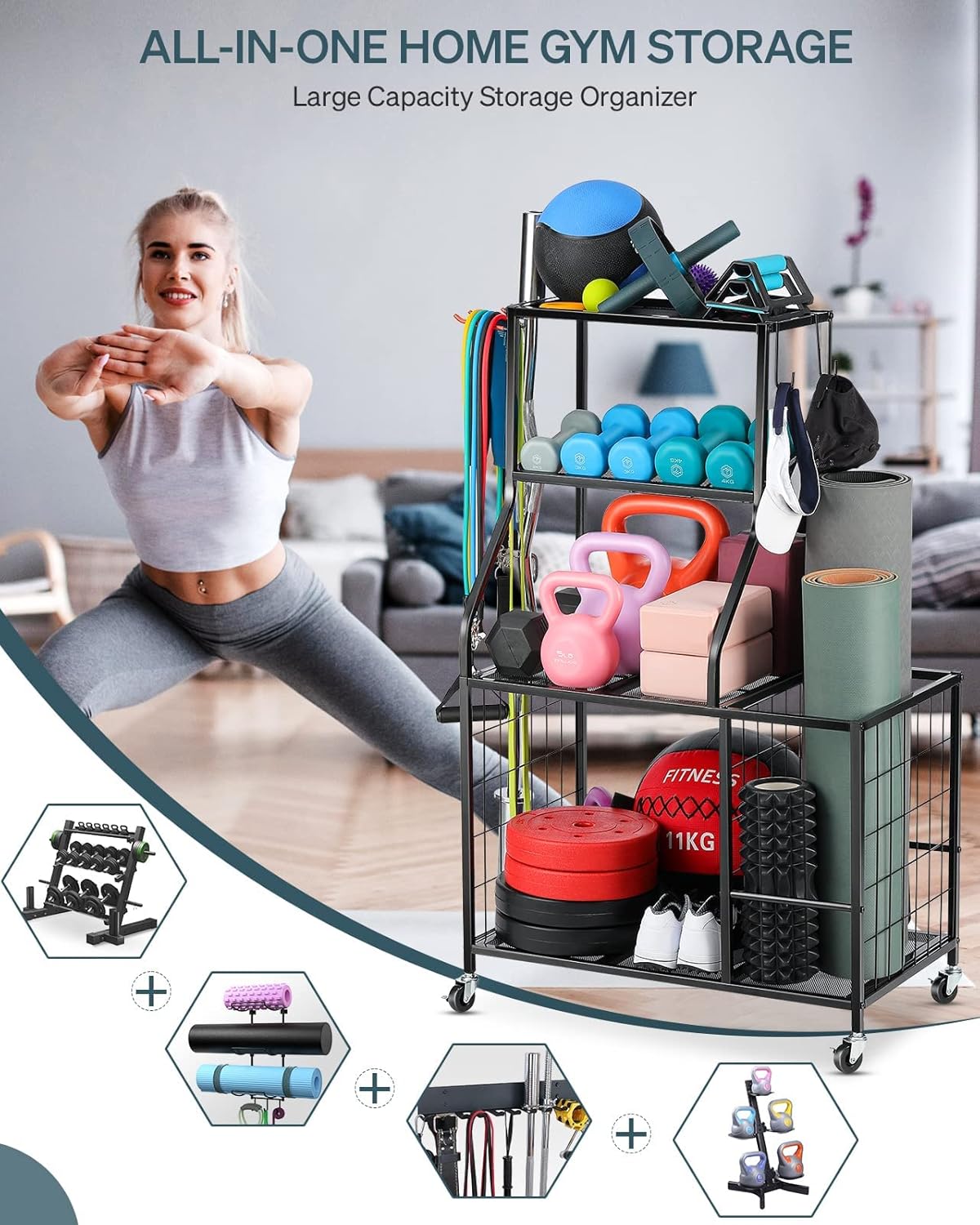 All-in-One Sports & Gym Storage Rack, Yoga Mat Storage Rack Workout Equipment Storage Rack for Dumbbells Kettlebell Resistance Band, Exercise Equipment Gym Rack Organizer with Wheel and Levelling Feet