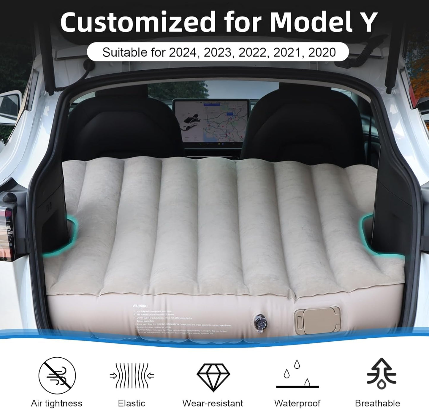 Customized Self-Inflating Mattress for Tesla Model Y (2021–2025), Comfortable Car Sleeping Pad with Cordless Rechargeable Air Pump, Portable Camping Mattress with Storage Bag