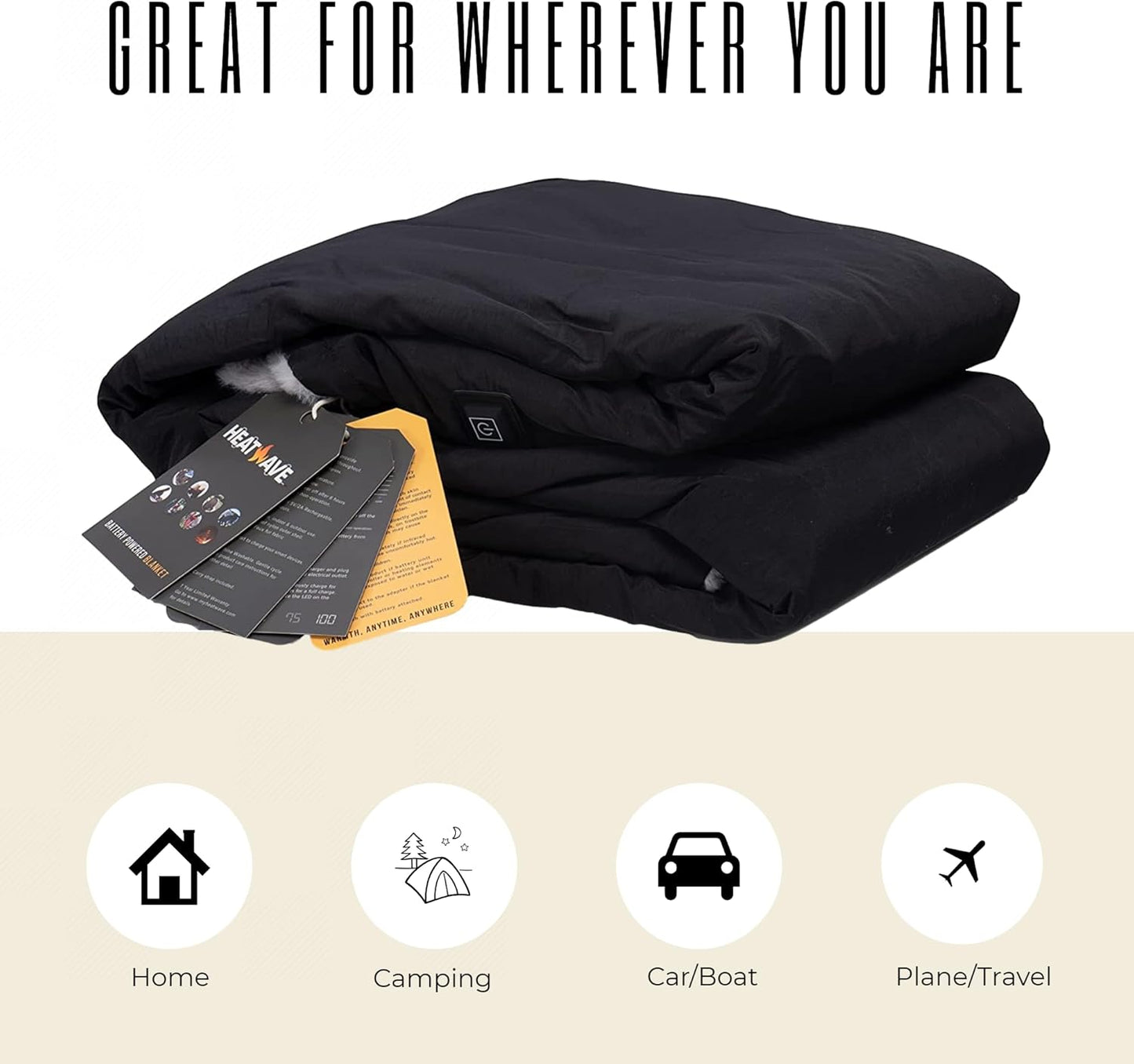 Black Battery Powered Heated Rechargeable Blanket by My Heat Wave - Portable Outdoor Cordless Blanket with USB Charging - 3 Heating Levels(Grey)
