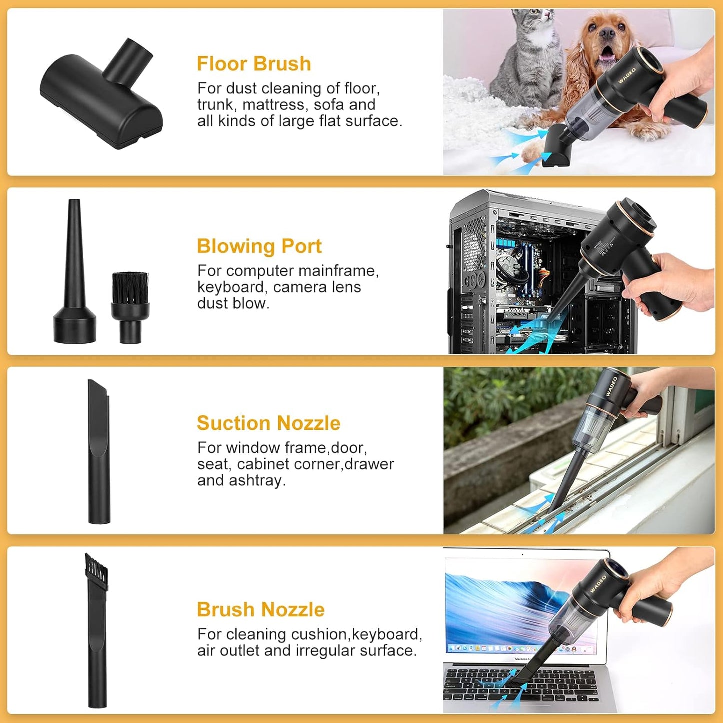 WADEO Handheld Vacuum Cleaner Cordless, Car Vacuum Cleaner Cleaner 9000Pa USB Rechargeable, Mini Vacuum Cleaner, Wet Dry Vacuum Cleaner for Home, Office, Pet Hair, Car, Keyboard, Makeup Bag