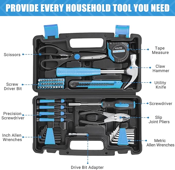 Tacklife Home Tool Kit, 57-Piece Basic Tool kit with Storage Case for Household Repair, Home Improvement and DIY Project Blue