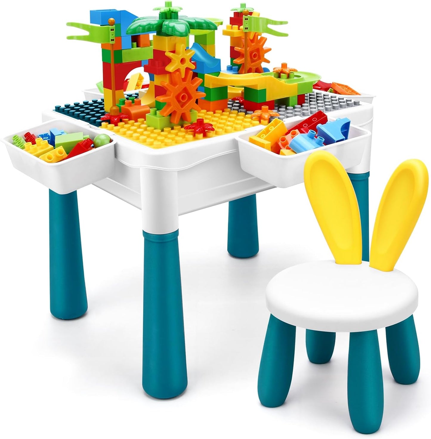 6-in-1 Kids Activity Table Set, Adjustable Legs, Storage Box, 105pcs Marble Run Blocks, Water & Sand Sensory Play Table with Chair