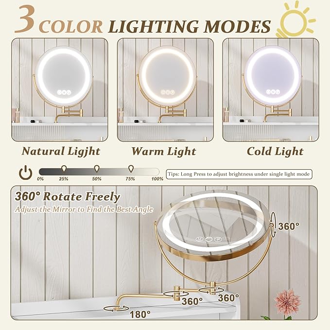 Modern White Makeup Table Desk with Stool and 360° Rotating LED Mirror with 3 LED Light Modes and Elegant Striped Glass Doors