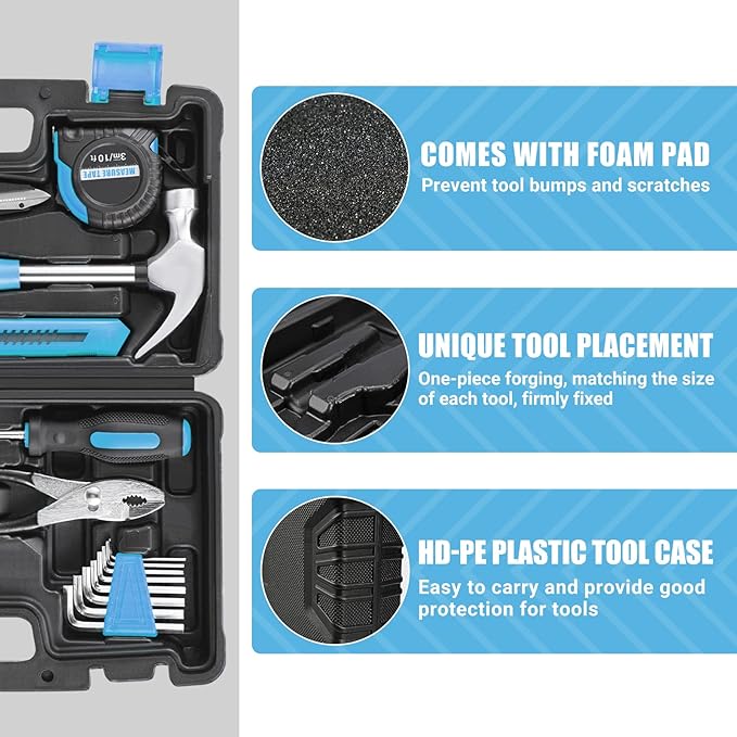 Tacklife Home Tool Kit, 57-Piece Basic Tool kit with Storage Case for Household Repair, Home Improvement and DIY Project Blue