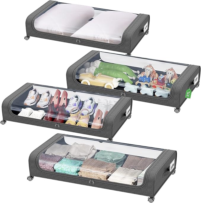 Under Bed Storage With Wheels, 2-Pack Metal Under-Bed Shoe Organizers, Storage Containers with Wheels for Clothes, Toys, Blankets, Shoes, and Bedding in Bedroom(2 Pack)