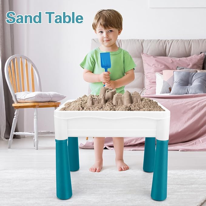 6-in-1 Kids Activity Table Set, Adjustable Legs, Storage Box, 105pcs Marble Run Blocks, Water & Sand Sensory Play Table with Chair