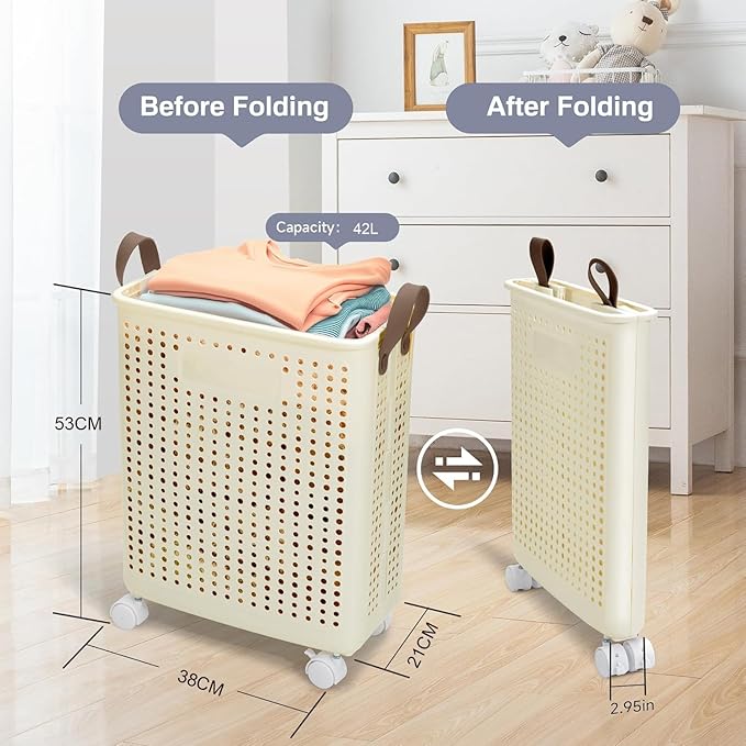 Laundry Basket With Wheels, Foldable Laundry Hamper, Plastic Clothes Hamper For Bedroom, Narrow Slim Laundry Sorter With Handle, Blanket Storage For Laundry Room