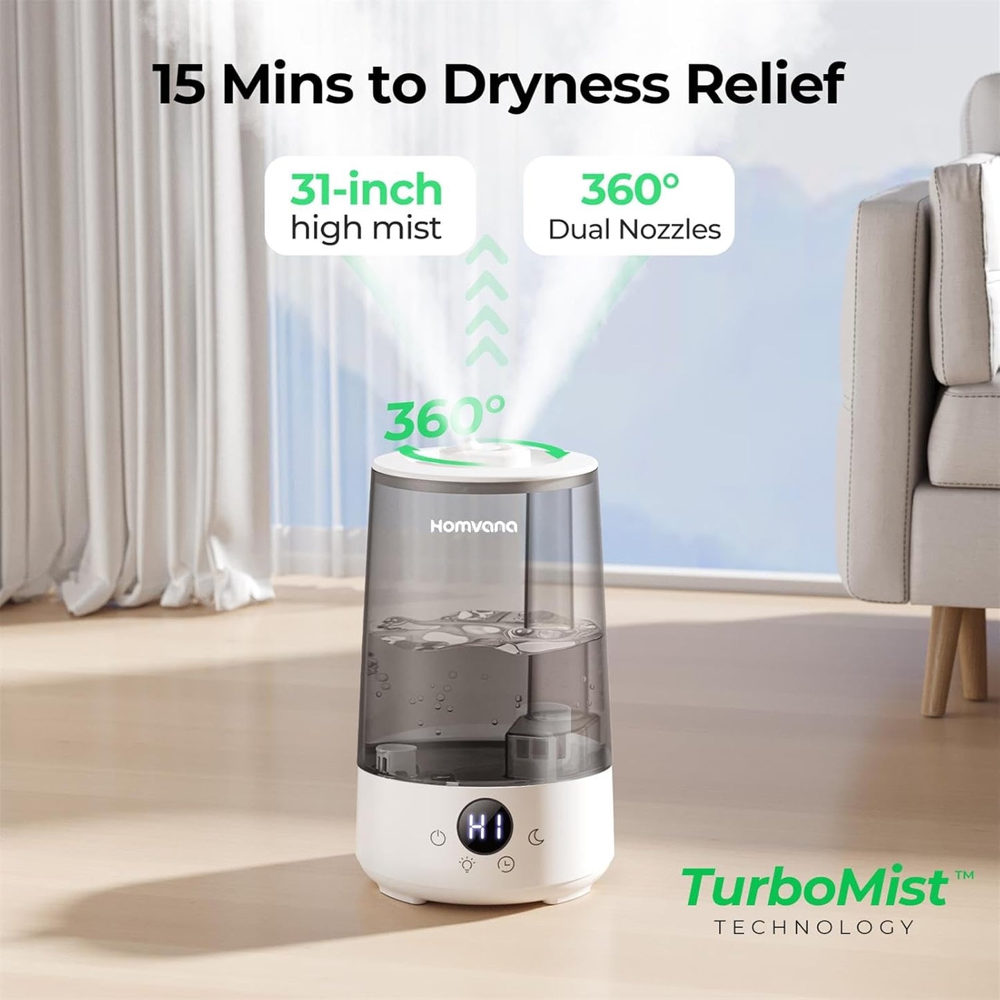 Homvana Humidifier for Bedroom, 3.6L Cool Mist for Large Room, 360° Rotatable 34H Last, Night Light Auto Mode, Quiet 23dB (Silent Spray) Humidifiers for Baby, Essential Oil Diffuser, Plants, Nursery