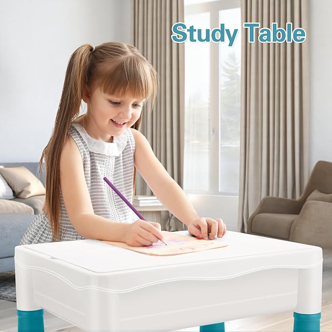 6-in-1 Kids Activity Table Set, Adjustable Legs, Storage Box, 105pcs Marble Run Blocks, Water & Sand Sensory Play Table with Chair