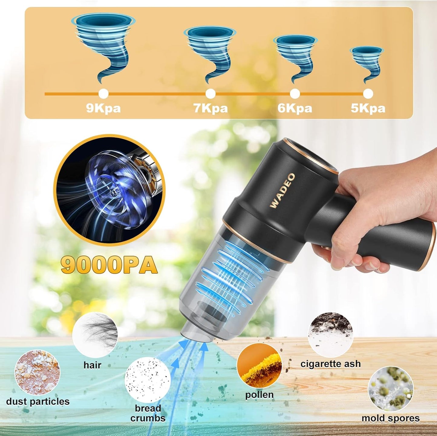 WADEO Handheld Vacuum Cleaner Cordless, Car Vacuum Cleaner Cleaner 9000Pa USB Rechargeable, Mini Vacuum Cleaner, Wet Dry Vacuum Cleaner for Home, Office, Pet Hair, Car, Keyboard, Makeup Bag