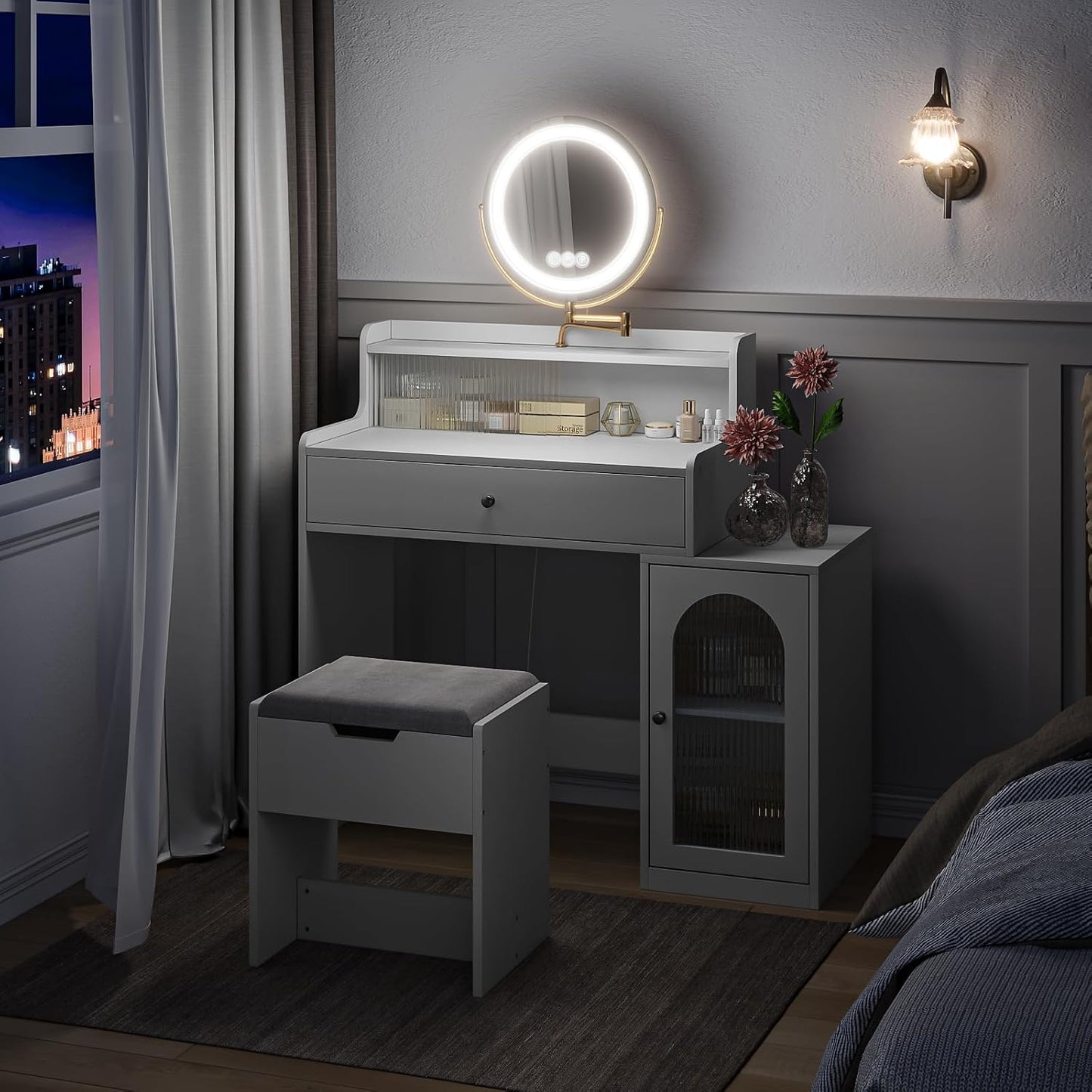 Modern White Makeup Table Desk with Stool and 360° Rotating LED Mirror with 3 LED Light Modes and Elegant Striped Glass Doors