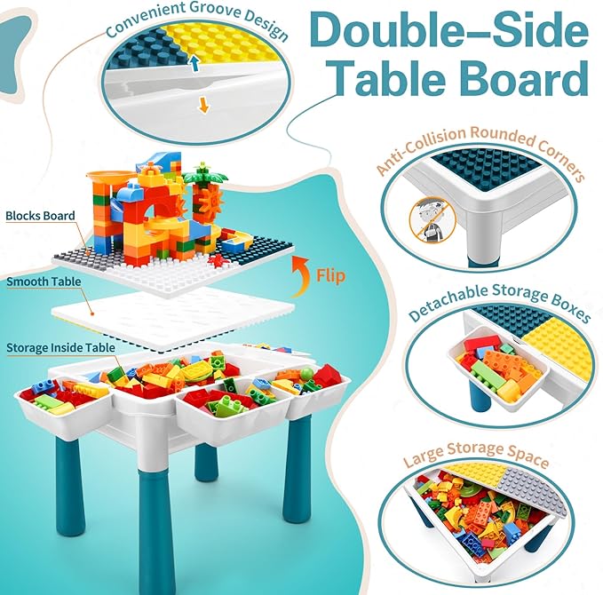 6-in-1 Kids Activity Table Set, Adjustable Legs, Storage Box, 105pcs Marble Run Blocks, Water & Sand Sensory Play Table with Chair