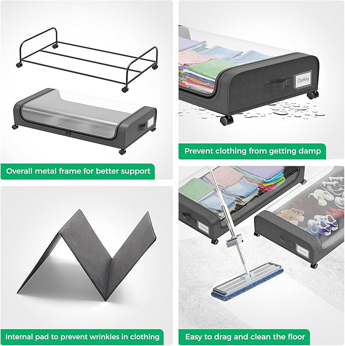 Under Bed Storage With Wheels, 2-Pack Metal Under-Bed Shoe Organizers, Storage Containers with Wheels for Clothes, Toys, Blankets, Shoes, and Bedding in Bedroom(2 Pack)