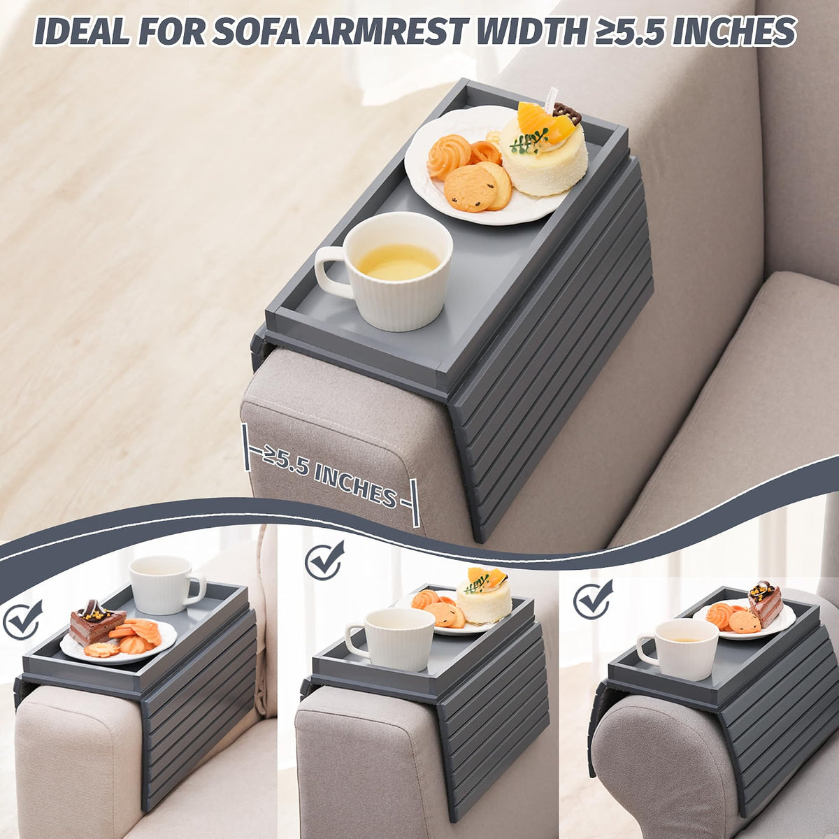 Maxxus Bamboo Sofa Arm Tray Table for Couch, Anti-Slip Armrest Clip On Tray, Cup Holder for Snacks, Phone, Control, Cups - Flexible and Foldable (Gray)