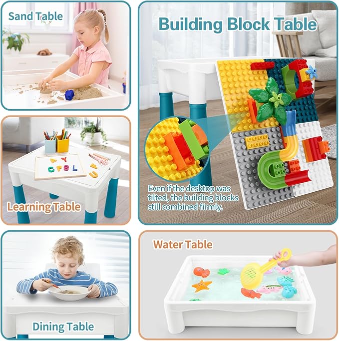 6-in-1 Kids Activity Table Set, Adjustable Legs, Storage Box, 105pcs Marble Run Blocks, Water & Sand Sensory Play Table with Chair