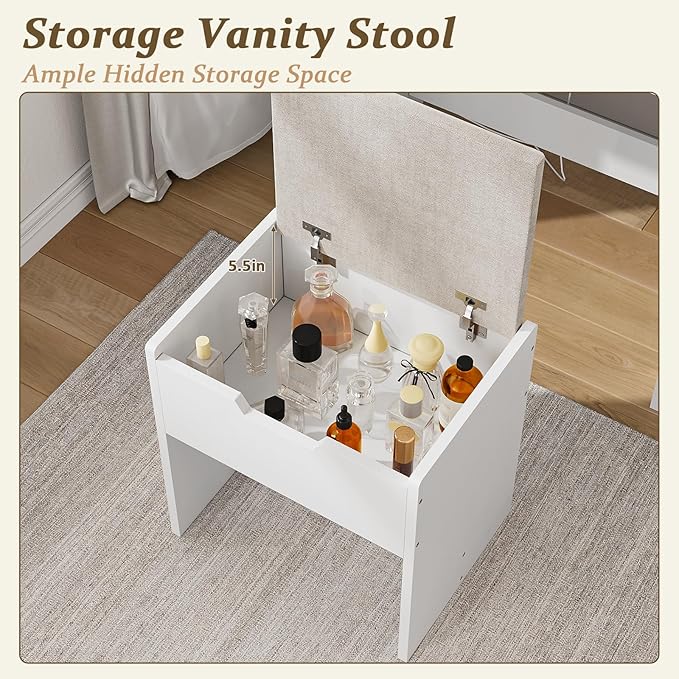Modern White Makeup Table Desk with Stool and 360° Rotating LED Mirror with 3 LED Light Modes and Elegant Striped Glass Doors