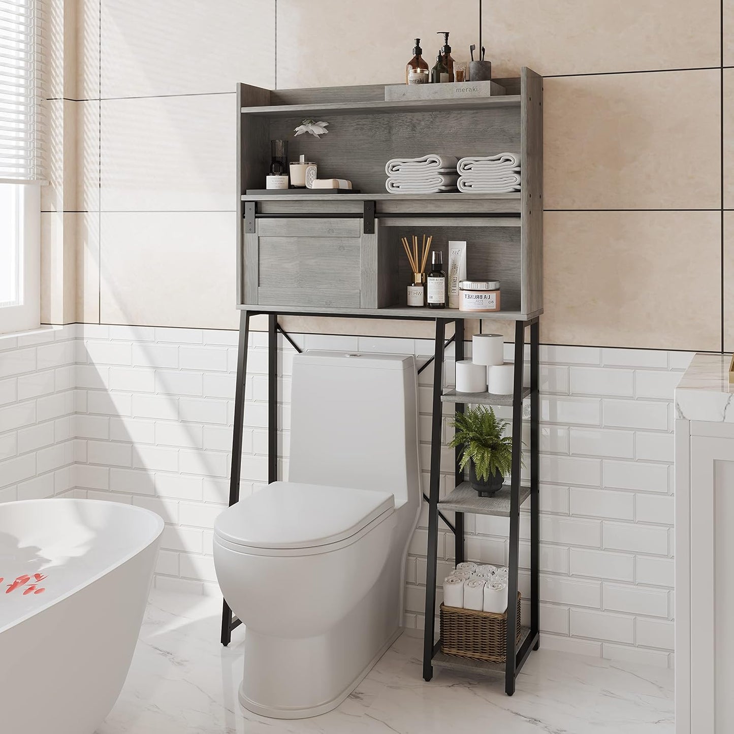 Over The Toilet and Washing Machine Storage Cabinet with Toilet Paper Holder Stand, Mass-Storage Over Toilet Bathroom Organizer with Sliding