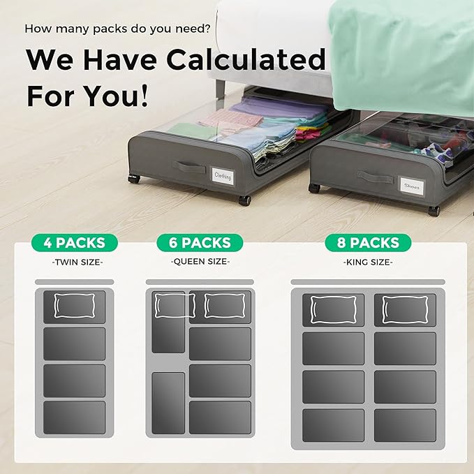 Under Bed Storage With Wheels, 2-Pack Metal Under-Bed Shoe Organizers, Storage Containers with Wheels for Clothes, Toys, Blankets, Shoes, and Bedding in Bedroom(2 Pack)