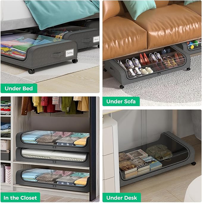 Under Bed Storage With Wheels, 2-Pack Metal Under-Bed Shoe Organizers, Storage Containers with Wheels for Clothes, Toys, Blankets, Shoes, and Bedding in Bedroom(2 Pack)