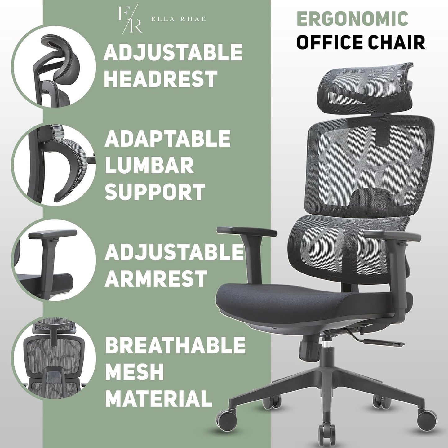 Ergonomic Office Chair, Height Adjustable Desk Chair and Gaming Chair with Lift Function, Lumbar Support for Home, Office (Black)
