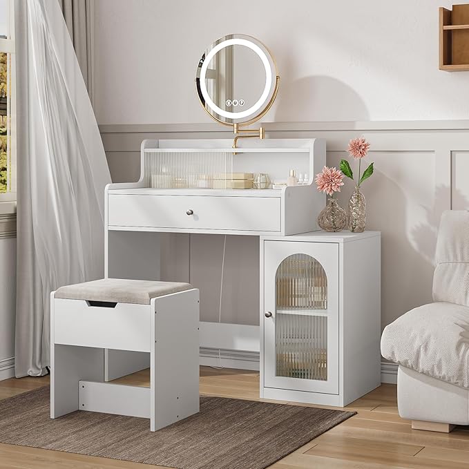 Modern White Makeup Table Desk with Stool and 360° Rotating LED Mirror with 3 LED Light Modes and Elegant Striped Glass Doors