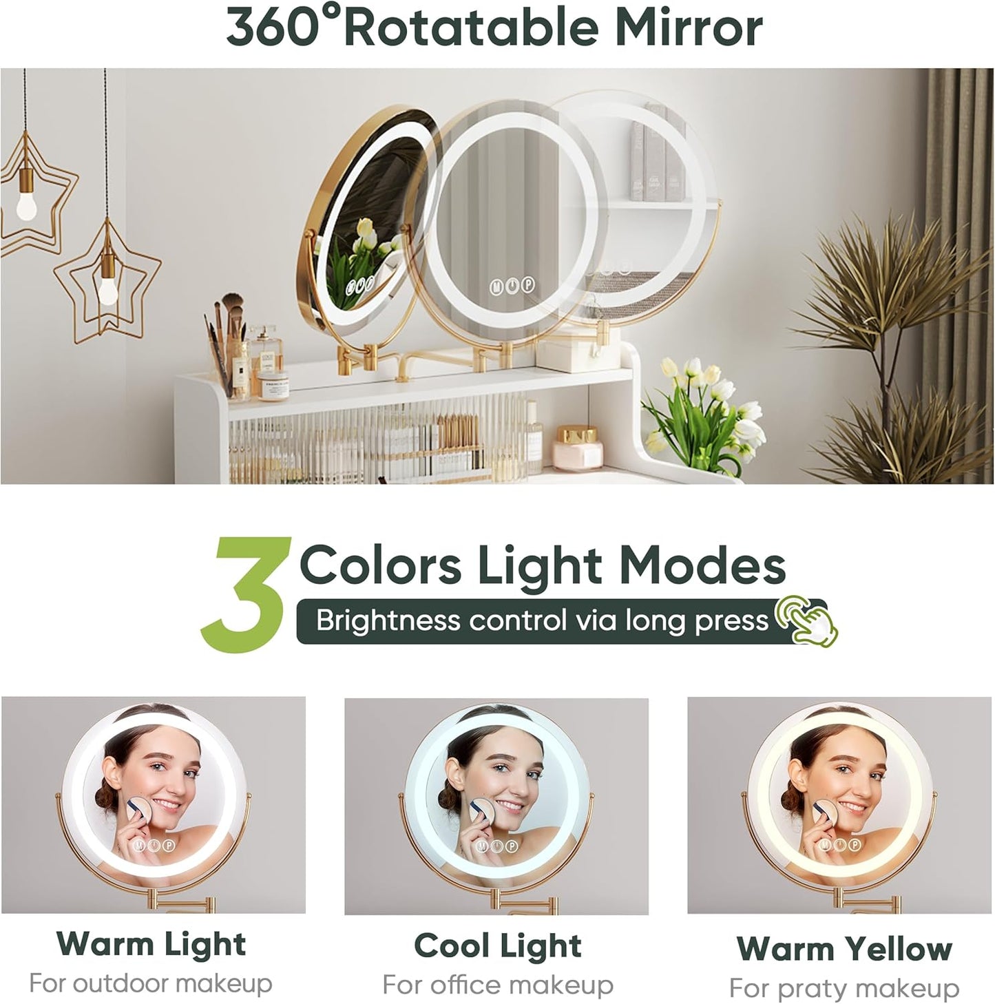 Modern White Makeup Table Desk with Stool and 360° Rotating LED Mirror with 3 LED Light Modes and Elegant Striped Glass Doors