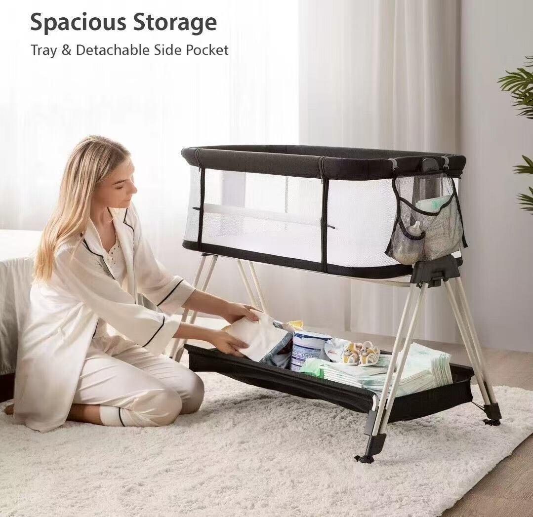 Baby Bassinet Bedside Sleeper with Wheels, Storage Tray, 4-Sided Mesh, 7-Height Adjustable, Easy-Fold Crib for Newborns