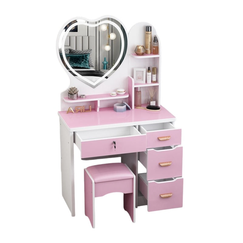 Heart-Shaped Mirror Makeup Vanity Table Set, Dressing Table with Cushioned Stool, 4 Drawers, and Storage Shelves
