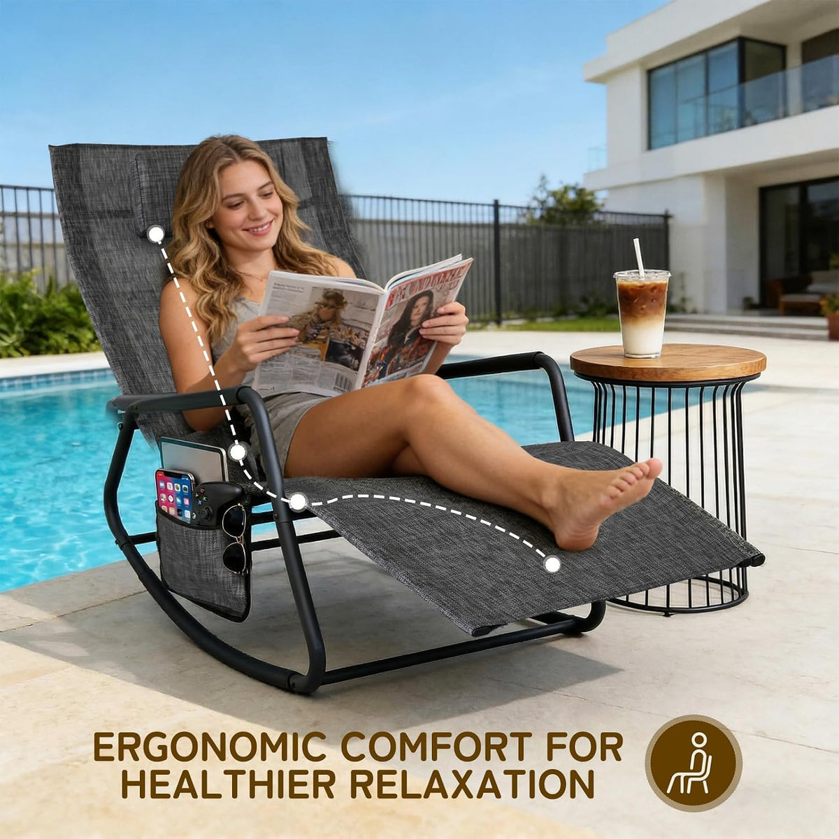 Set of 2 Outdoor Rocking Lounge Chairs, Ergonomic Textilene Chaise Loungers with Side Pockets & Removable Headrests, Breathable All-Weather Patio Chairs for Poolside, Garden & Porch, Gray and Beige