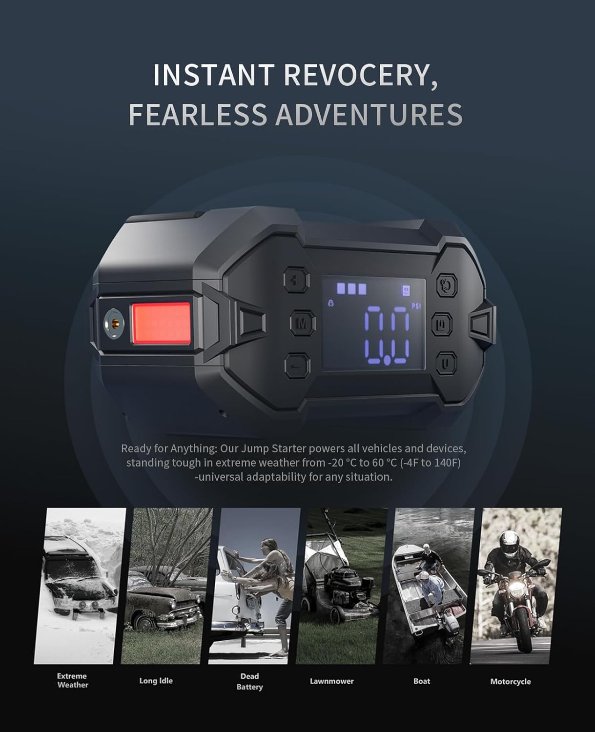 Portable 3000A Car Jump Starter with Air Compressor, 12V Battery Booster for Up to 8.0L Gas & Diesel Engines, Power Bank & Charger, All-Weather Use