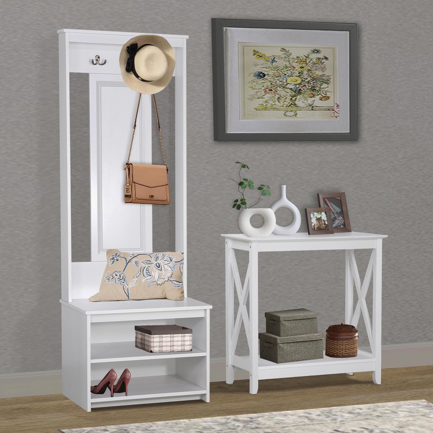 Maxxus Lambert Casual Contemporary Particle Board White Hall Tree and Shoe Bench