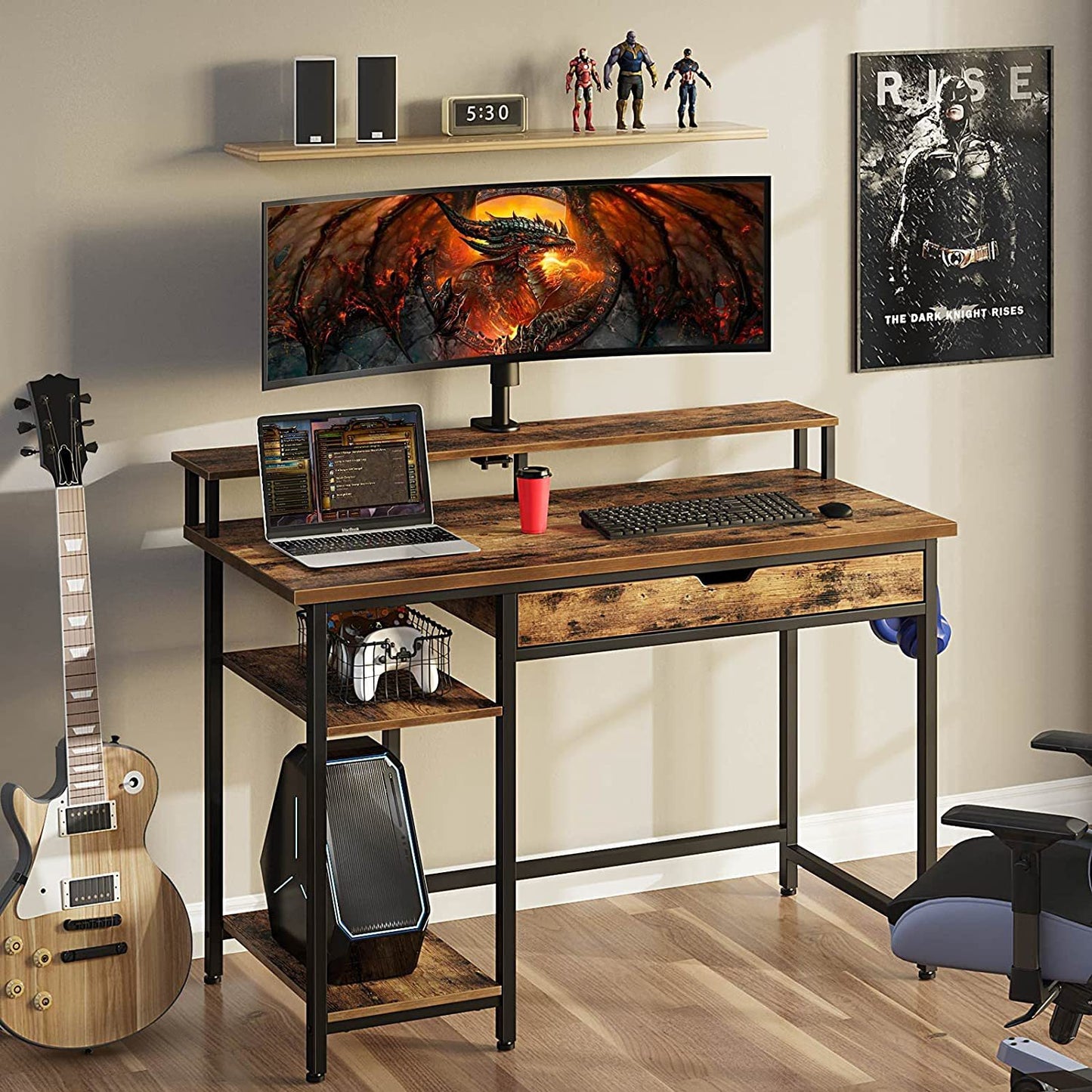 Rolanstar Computer Desk with Monitor Stand and Drawers, 47 Inch Home Office Writing Desk, Gaming Table, Study Table Workstation with Metal Frame