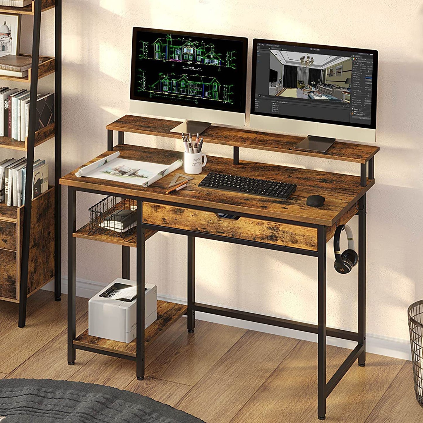Rolanstar Computer Desk with Monitor Stand and Drawers, 47 Inch Home Office Writing Desk, Gaming Table, Study Table Workstation with Metal Frame