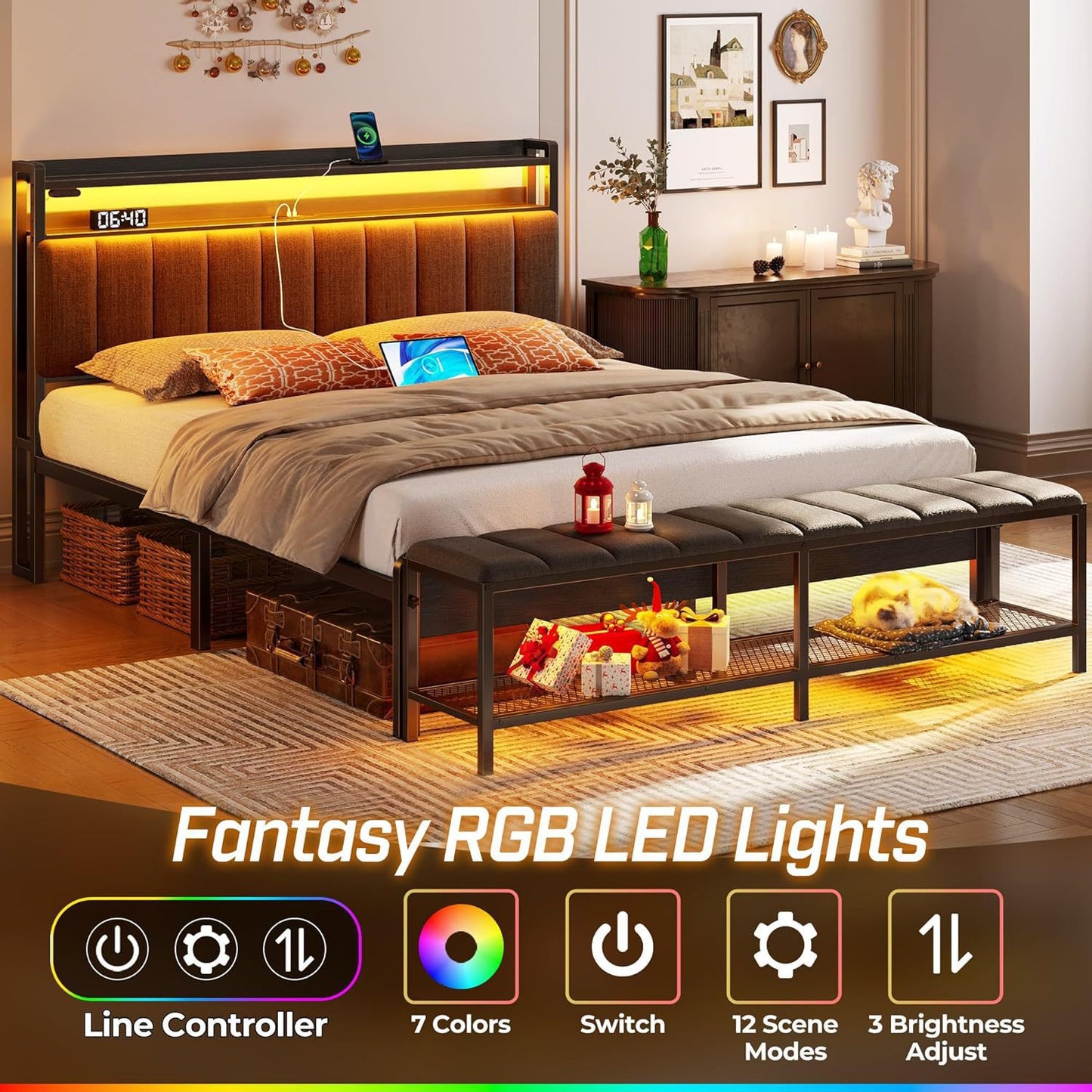 Industrial Style Queen Size Bed Frame with Charging Station & LED Lights, Upholstered Headboard with Storage Ottoman Bench, Heavy Duty Metal Slats